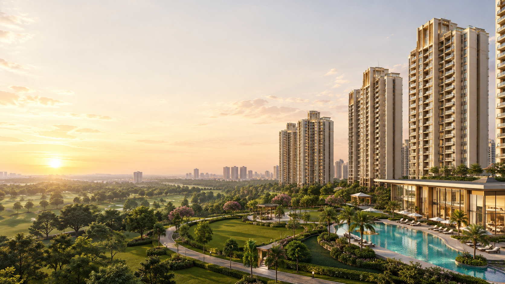 Artistic concept of residential towers overlooking landscaped greens and a pool
